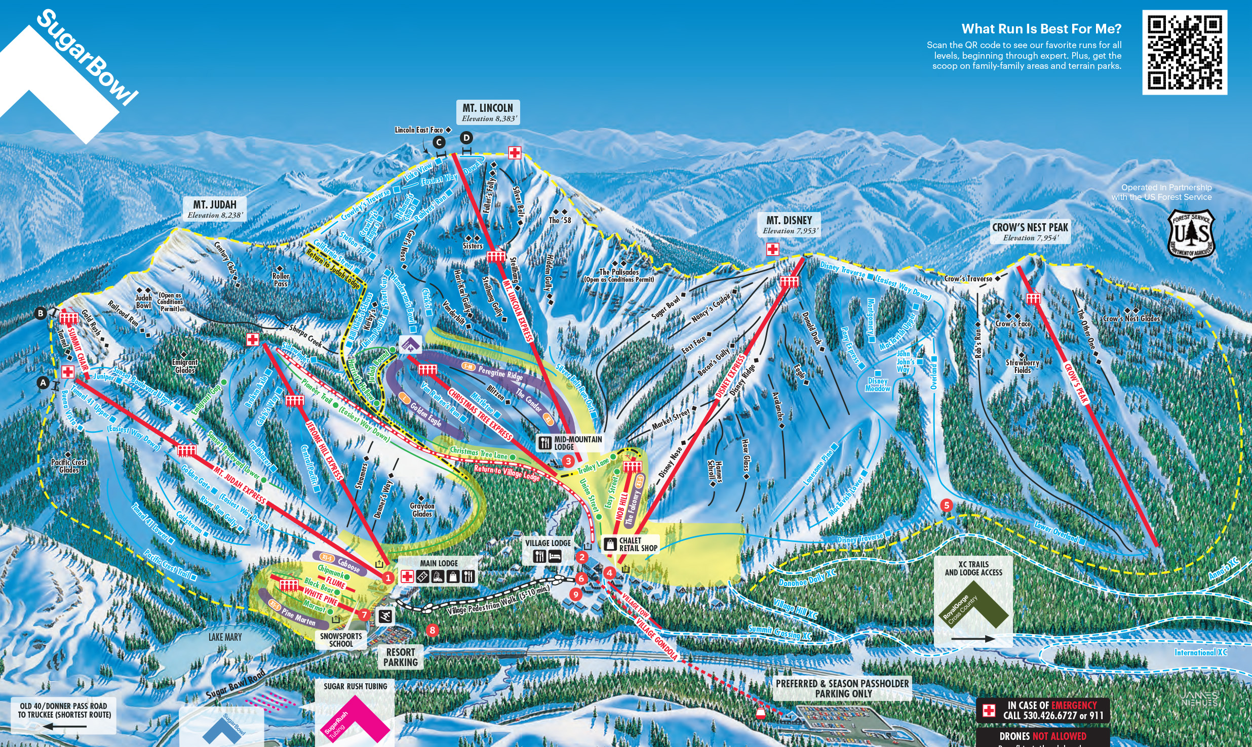 Sugar Bowl Trail Map showing lifts and runs.