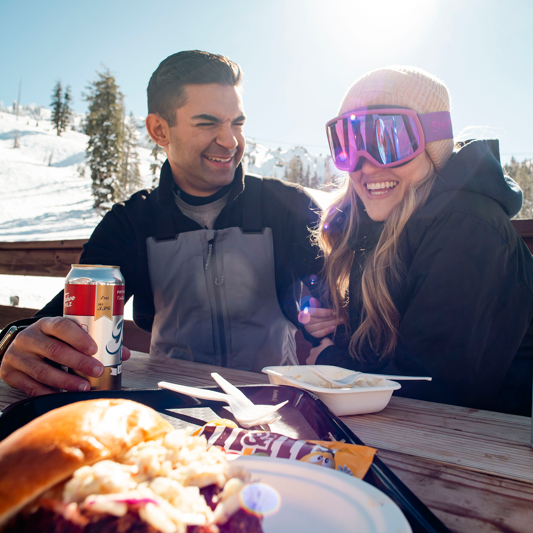 Couple apres ski at Sugar Bowl Mid Mountain Lodge