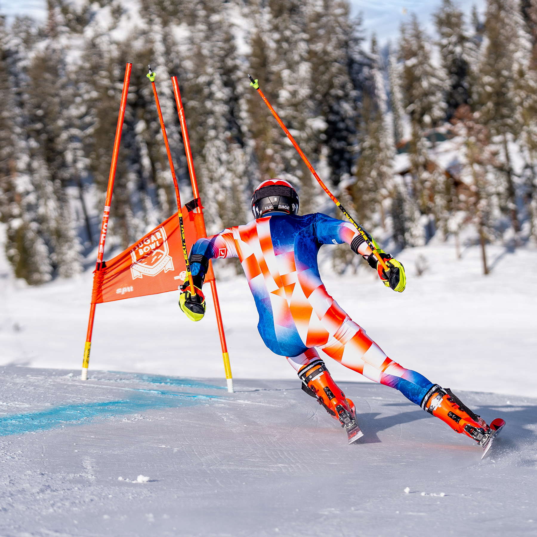 Sugar Bowl Ski Racer practicing making contact with a slalom gate.