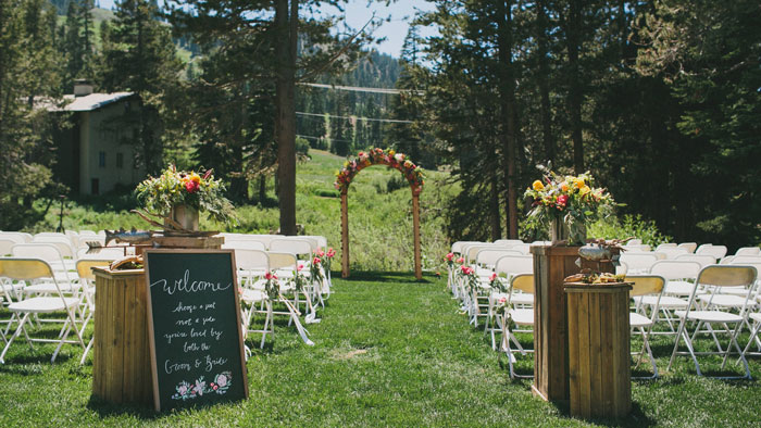 Summer Wedding Venue in front of the Village Deck at Sugar Bowl Resort near Lake Tahoe in the Sierra Nevada