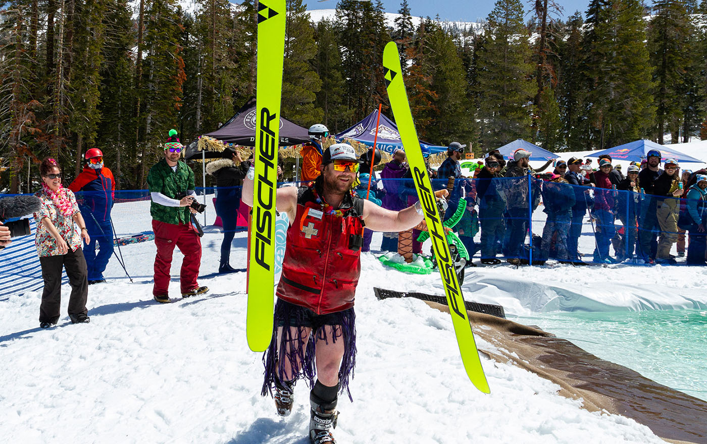 ski patrol staff at the pond skim