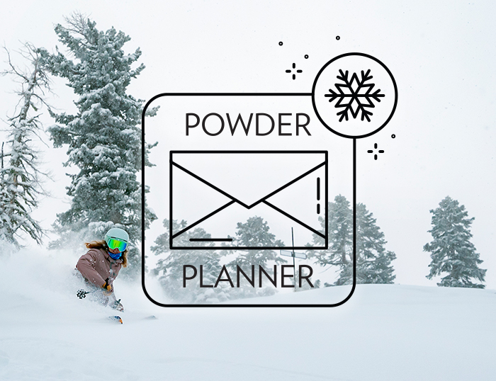 Powder Planner Email Sign Up with a skier enjoying powder turns