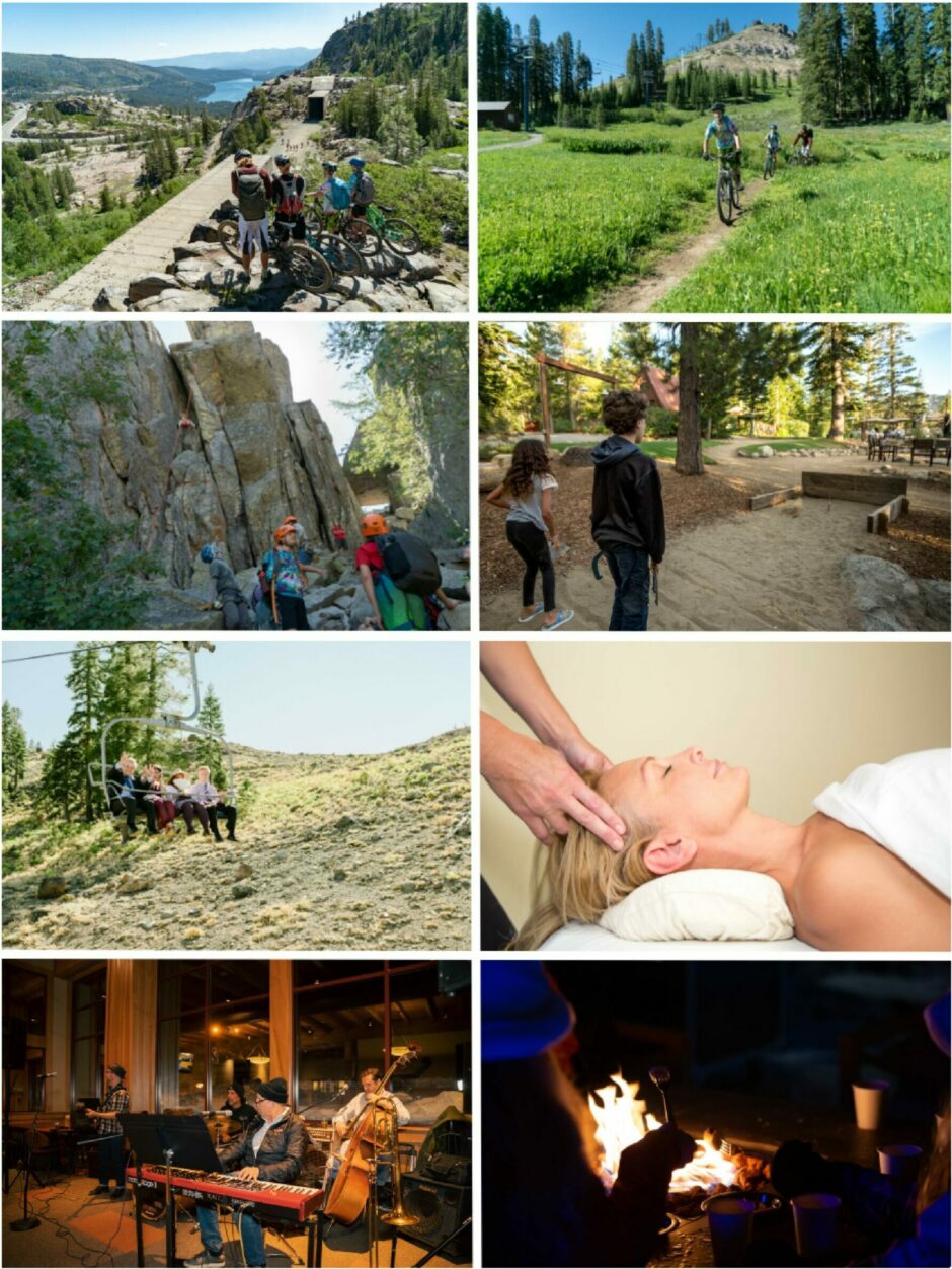 Multiple images depicting people mountain biking, rock climbing, playing horseshoes, riding a chairlift over a grassy hill, enjoying a massage, playing in a band, roasting marshmallows over a fire.