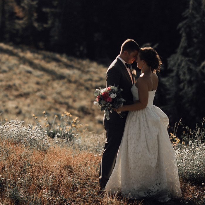 Bride and Groom in a summer mountain meadow