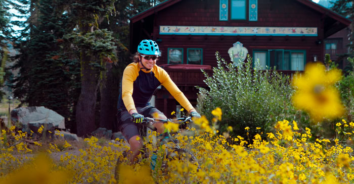 Mountain biking through wildflowers in the village at Sugar Bowl