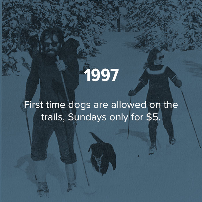 1997 The first time dogs are allowed on the trails. Sundays only, for $5.