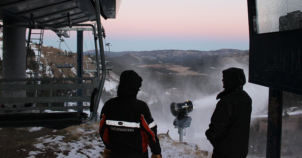 Snowmaking crew working in the early morning hours at Sugar Bowl.