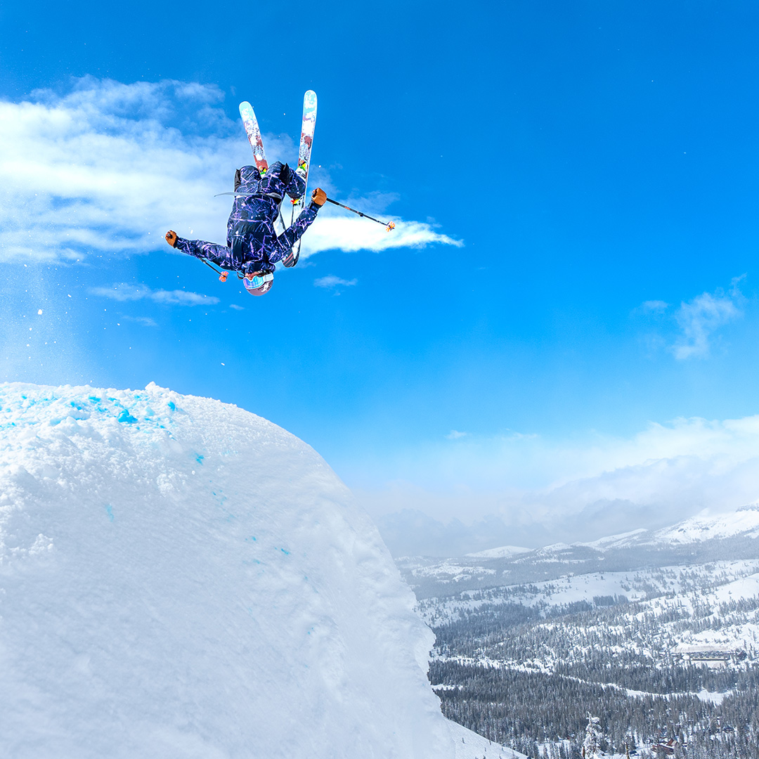 Hannah Epstein throwing a double backflip at the Silver Belt at Sugar Bowl.