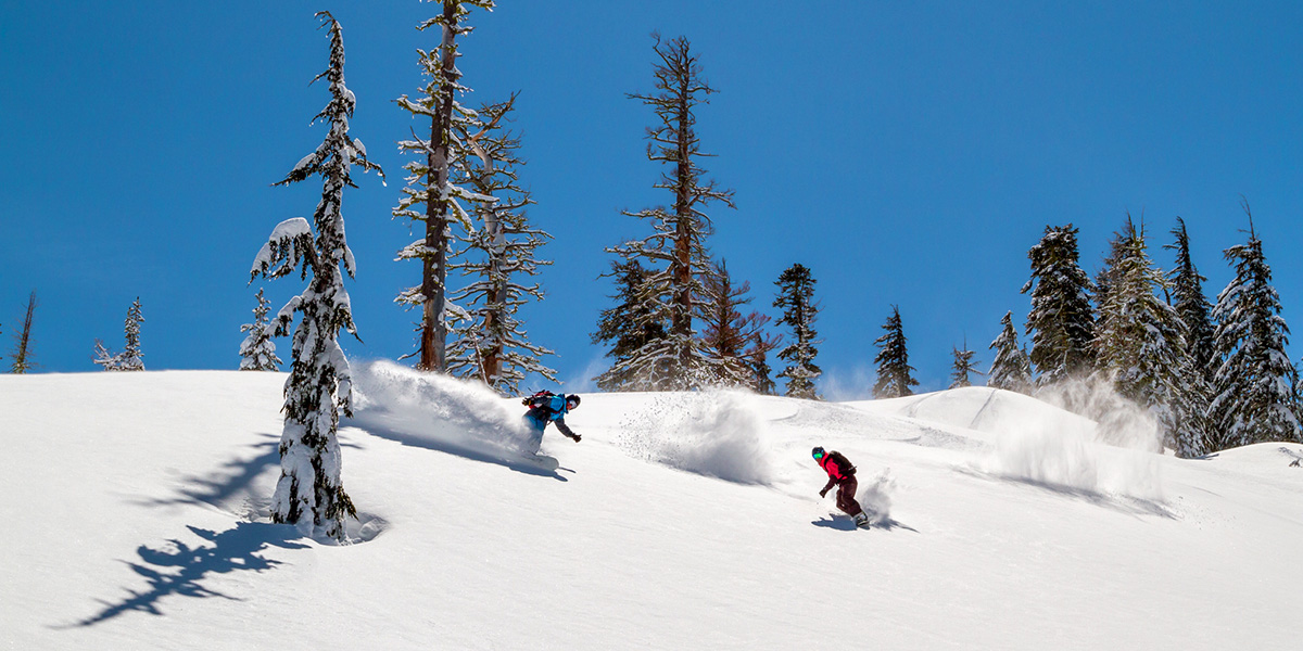 Two snowboarders in the backcountry outside of Sugar Bowl resort making powder turns.