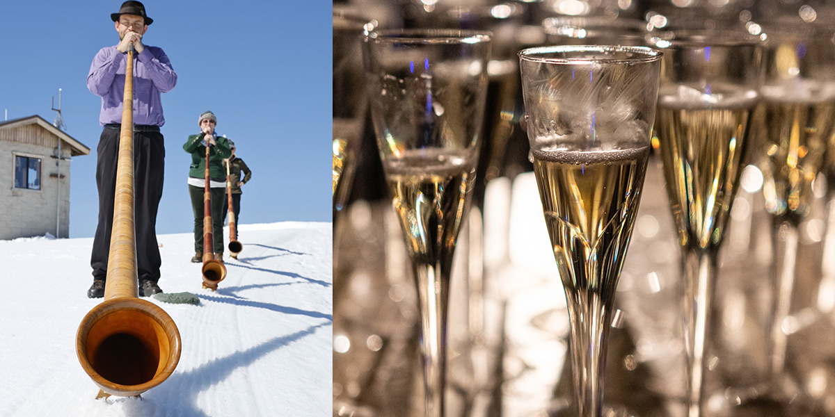 A man playing an alphorn and some champagne