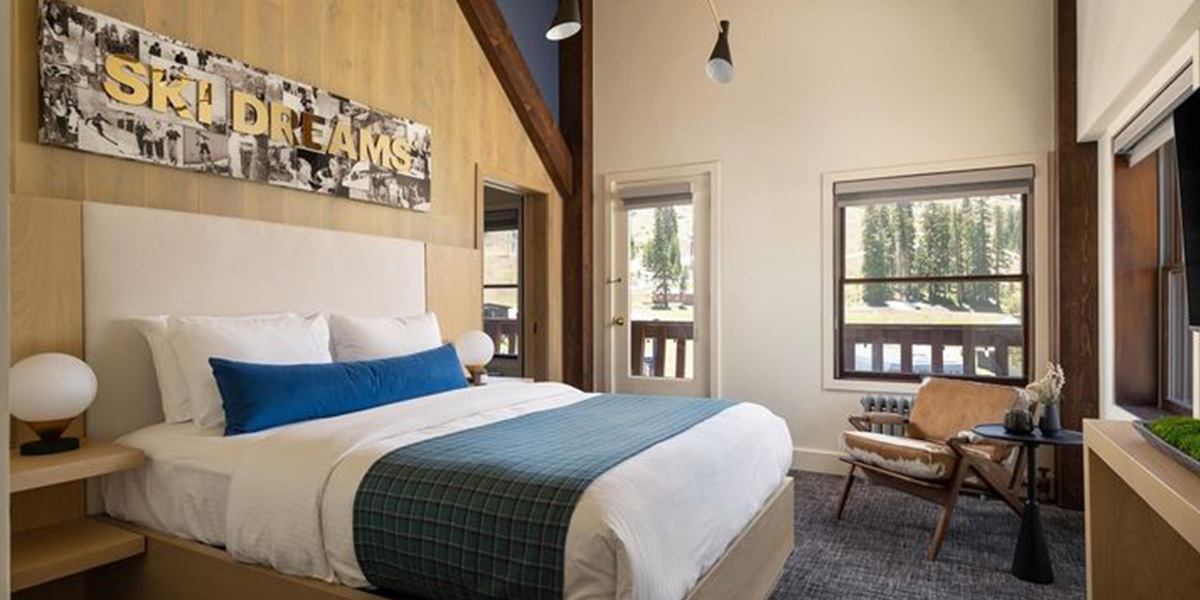 A remodeled slopeside room in the historic Sugar Bowl Lodge in Lake Tahoe.